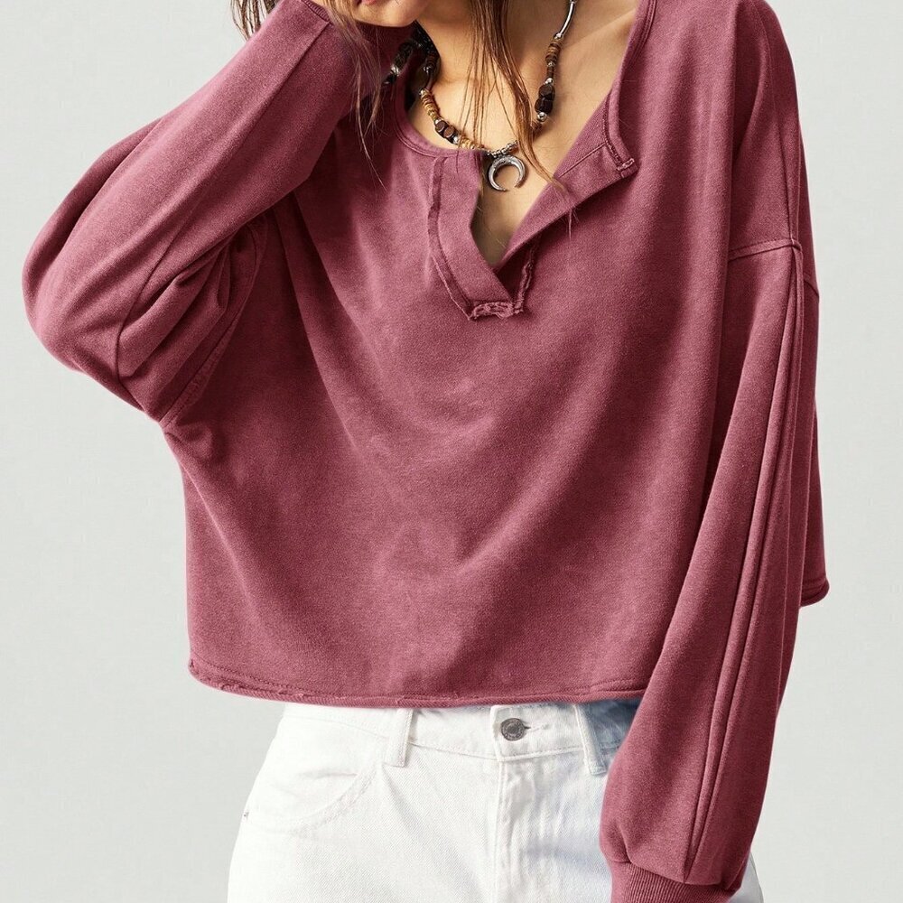 Burgundy Casual Women's V-Neck Long Sleeve Cropped Sweatshirt - Picture 3 of 9